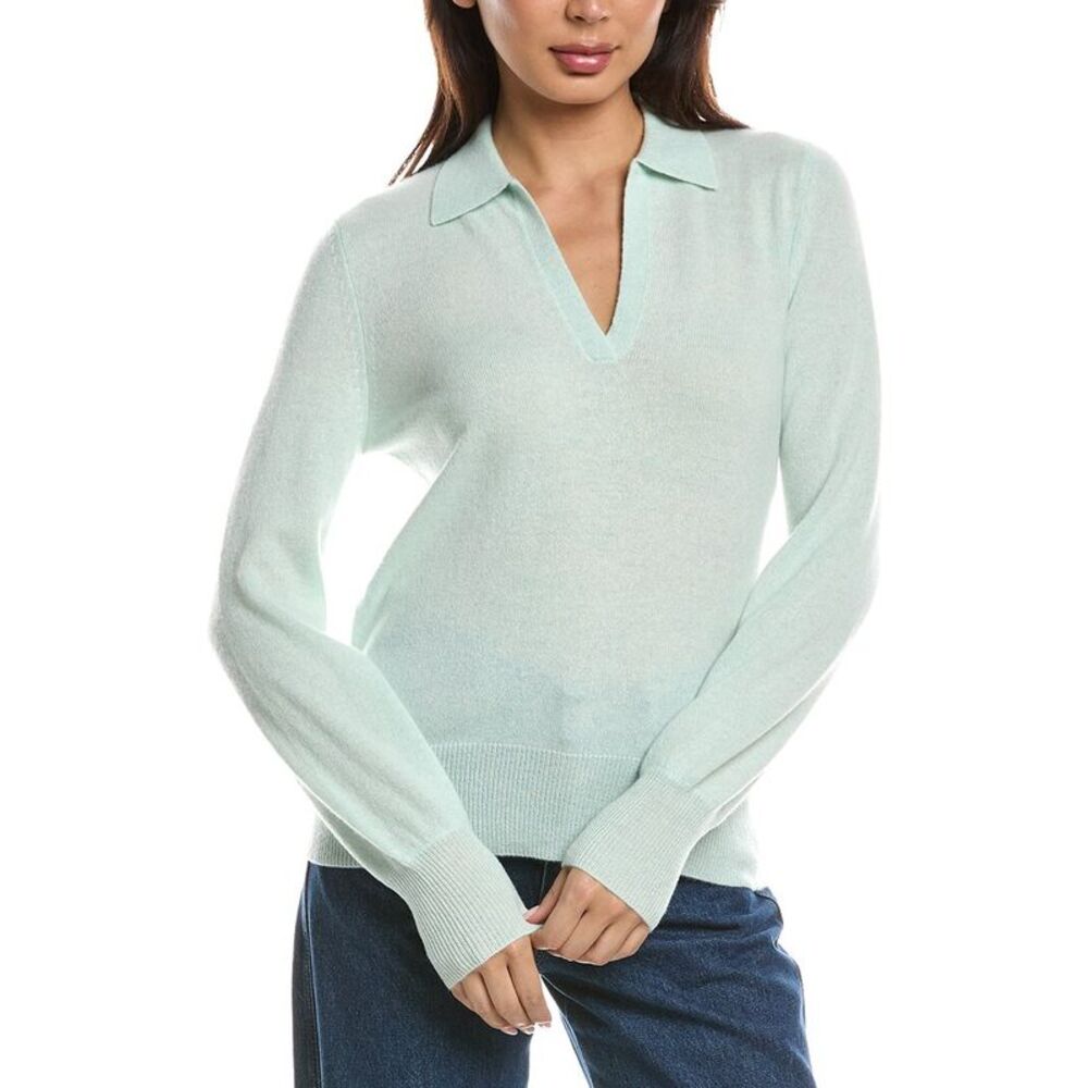Forte Cashmere Womens  Split Neck 100% Cashmere Polo Sweater, Green
